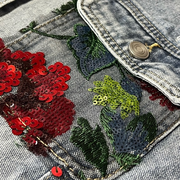 VEVERET gorgeous jean jacket sheer sequin back distressed detail size S M L - Picture 8 of 9